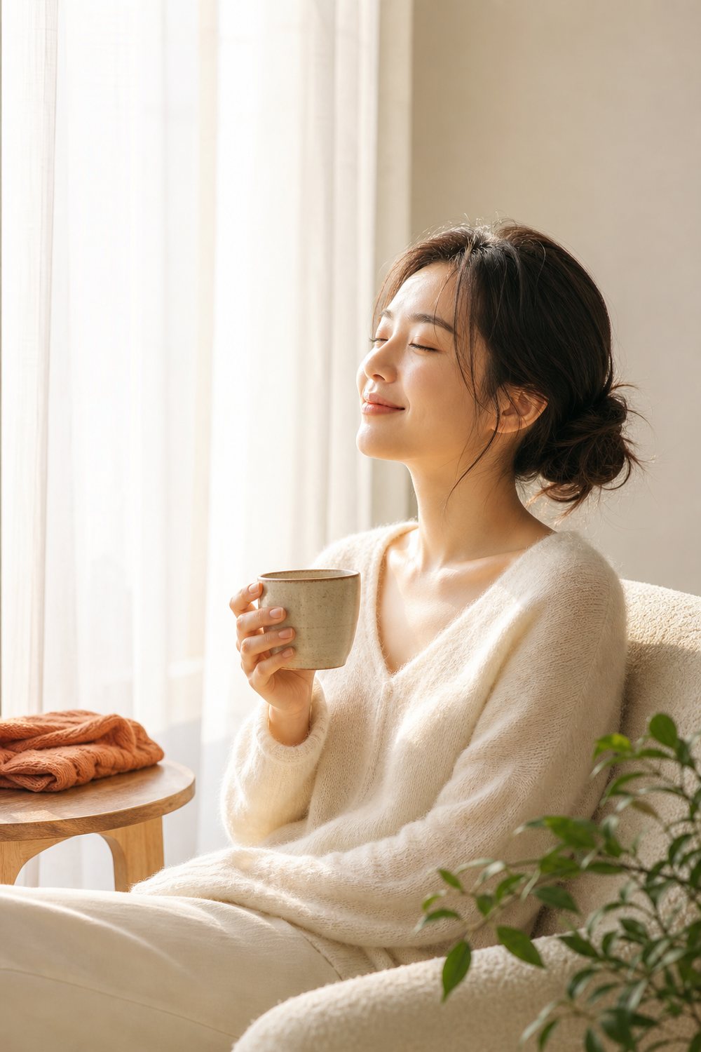 午后窗边闭眼轻哼的女性，手里握着一只温热的杯子（AI 生成图像）